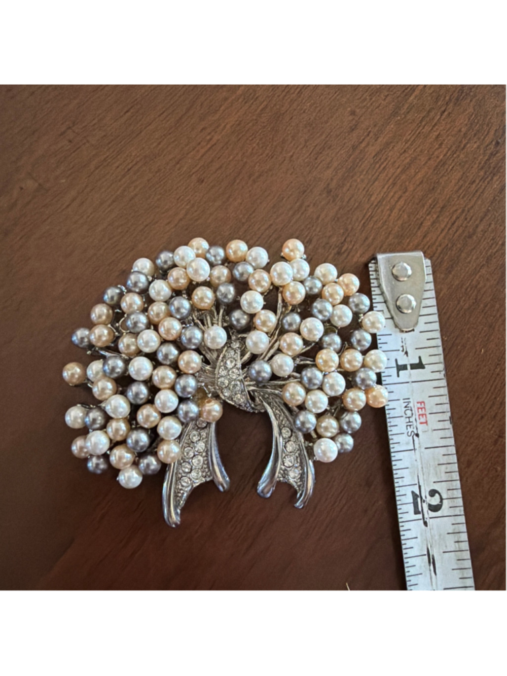 Vintage Silver Tone Faux Pearl Cluster Brooch Rhinestone Accent Statement Pin - Picture 6 of 8